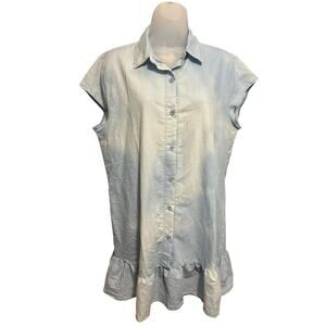 Floral Blooming Light Blue Chambray Ruffle-Hem Short-Sleeve Shirt Dress Size XXL